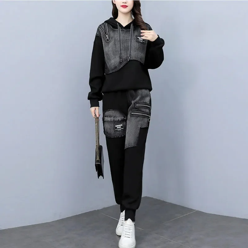 Large Size Women Two Piece Set Female Casual Fashion Denim Set Autumn/Winter Sports Suit Women\'s Pants 2 Piece Set