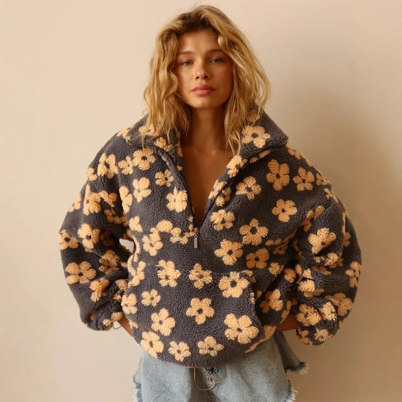 

Women's 2025 New Fashion Flower Blossoms Sweater Cotton Sweater Loose Warm Fur Stand Up Collar Zipper Top