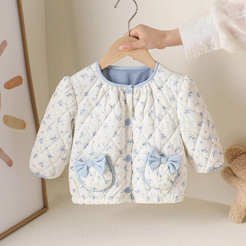 

Детское пальто, осеннее новое милое синее однобортное пальто с принтом, повседневные теплые топы с хлопковой подкладкой для маленьких девочек, уличная одежда