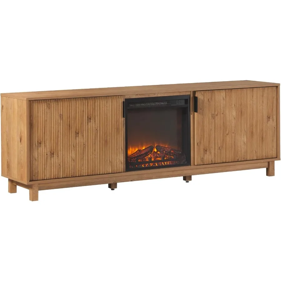 

Walker Edison Arundo Reeded TV Stand with Fireplace and Storage 70" Fireplace English Oak