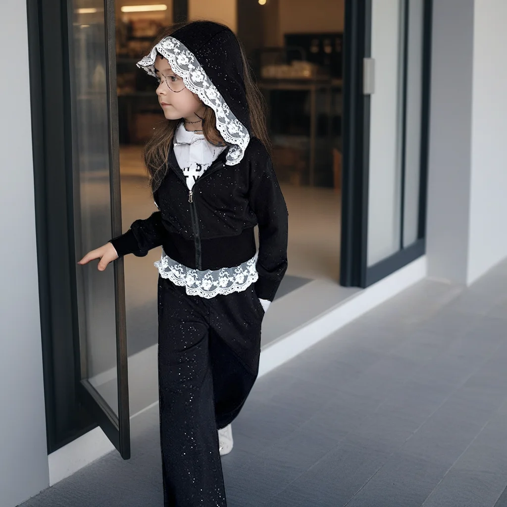 

Girls Sportswear Autumn Lace Trim Silver Star Sequin Hoodie Set Loose Outfit Zip-Up Jacket Pants 2-Piece Teen Kids Clothing Set