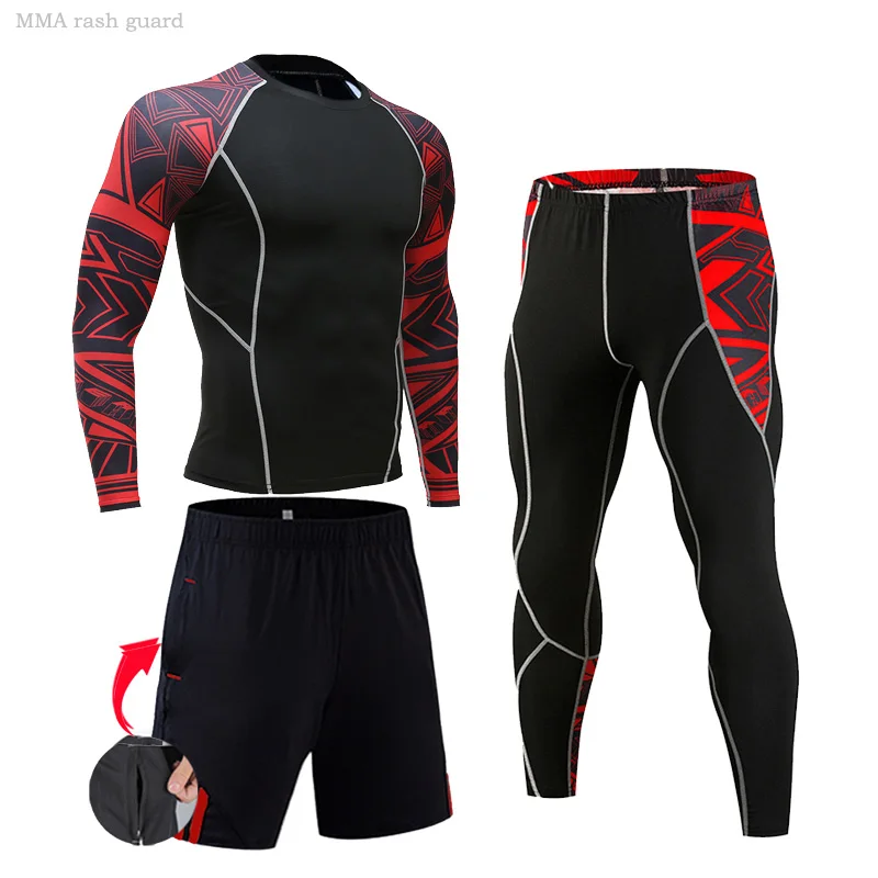 Traje deportivo de compresión para hombre, ropa interior térmica para correr, Camiseta larga para gimnasio, Leggings, pantalones cortos, MMA rashgard