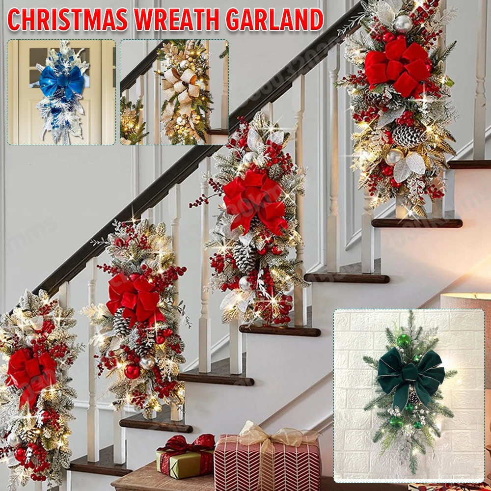 

Christmas Swag Wreath Pendants Ornament Hanging Garlands without/with Light Home Door Window Decoration Party Supplies