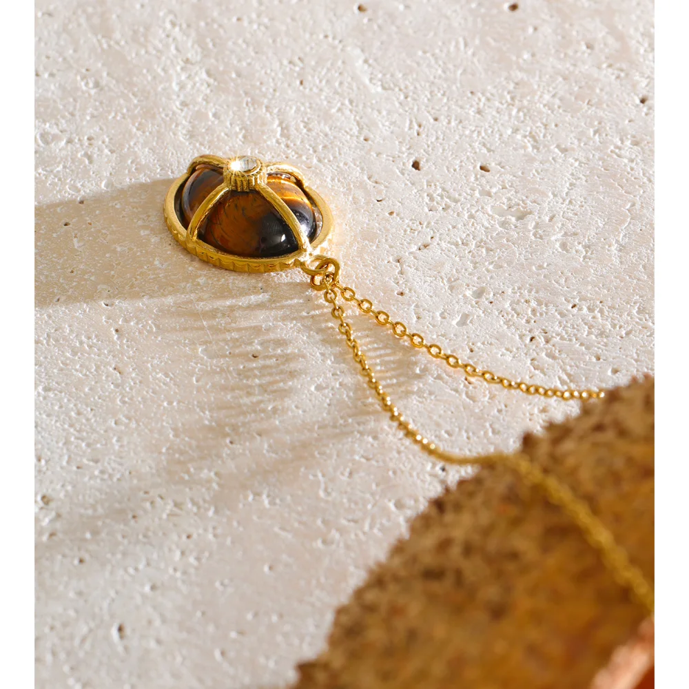 Yhpup 2026 Stainless Steel Natural Tiger Stone Oval Pendant Necklace for Women High Quality Fashion Golden Collar Jewelry