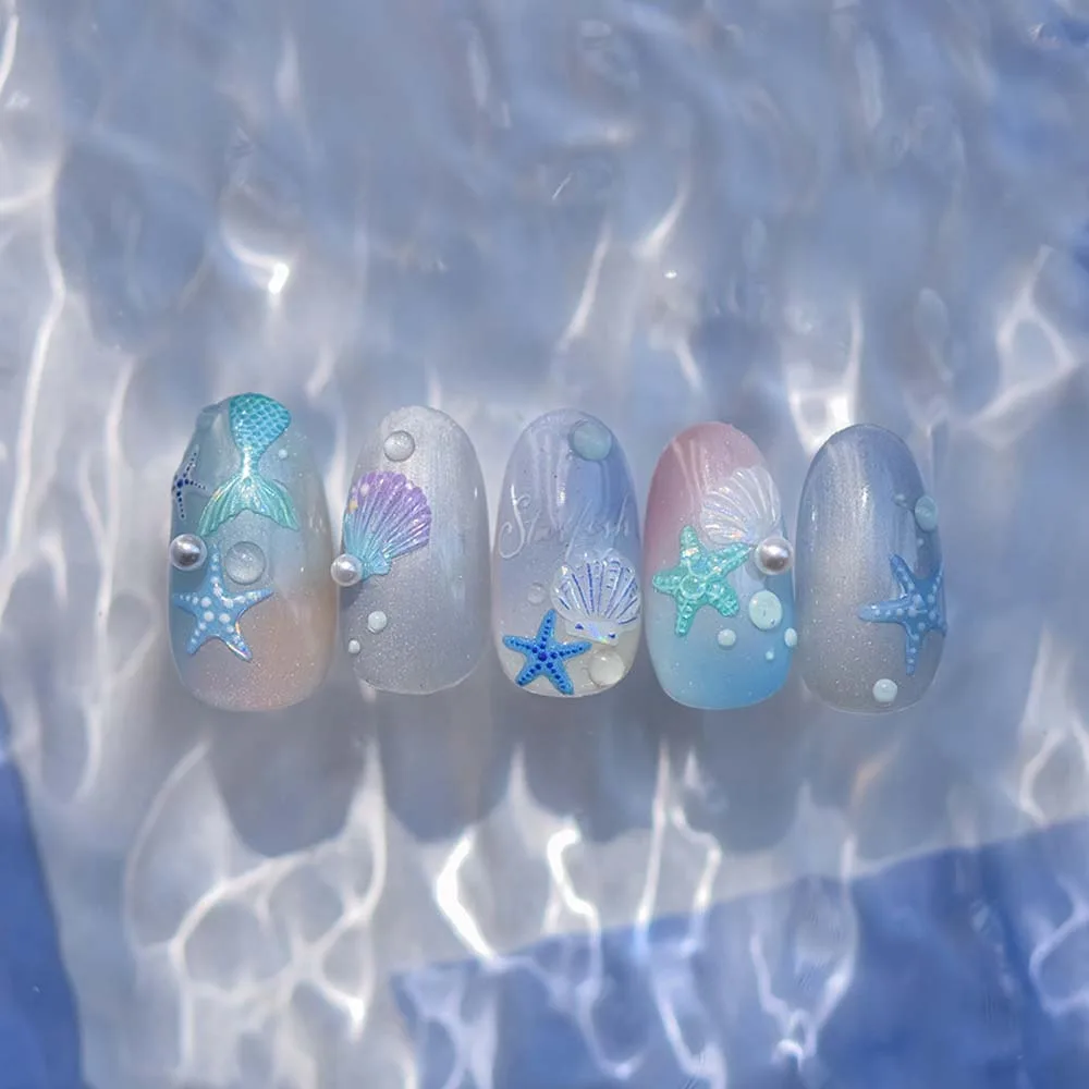 Pegatinas de cristal brillante para uñas, calcomanías de estrella de mar, estrella de mar, Delfín, Océano, suministros para uñas, azul, verde