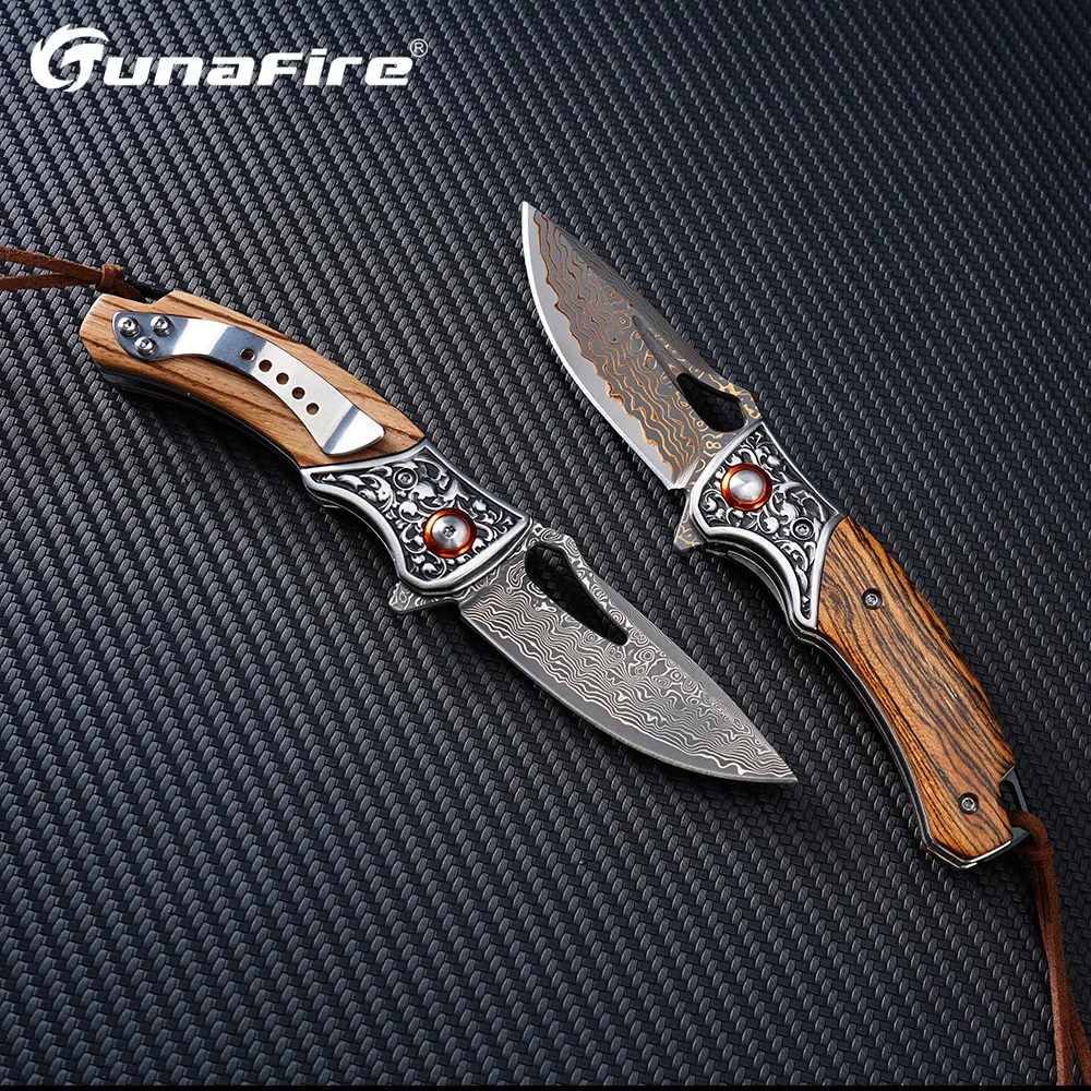 Tunafire Brass Damascus VG10 Steel Folding Knife Wood Handle Outdoor Pocket Knives EDC Tactical Hunting Survival Hand Tools