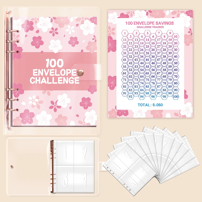 1Set 100 Day 100 Envelope Challenge Marble Pattern Loose-leaf Savings Notebook Saving Money Binder Cash Budget Storage Book Gift