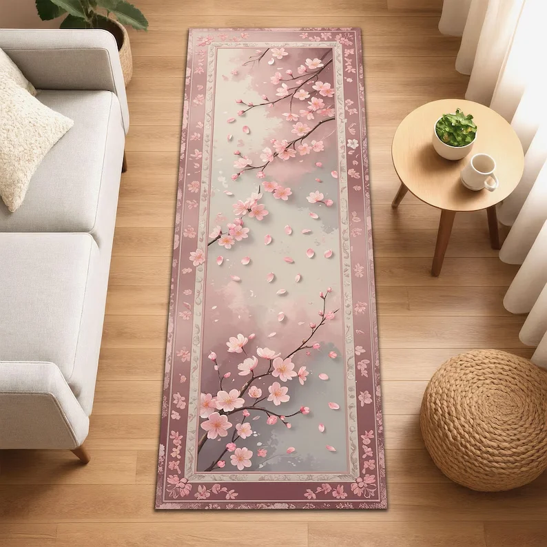 Cherry Blossom Runner Rug Pink Floral Non-Slip Runner Rug Navy Carpet Home Decor Rug Soft Non-slip Floor Mat Living Room Bedroom