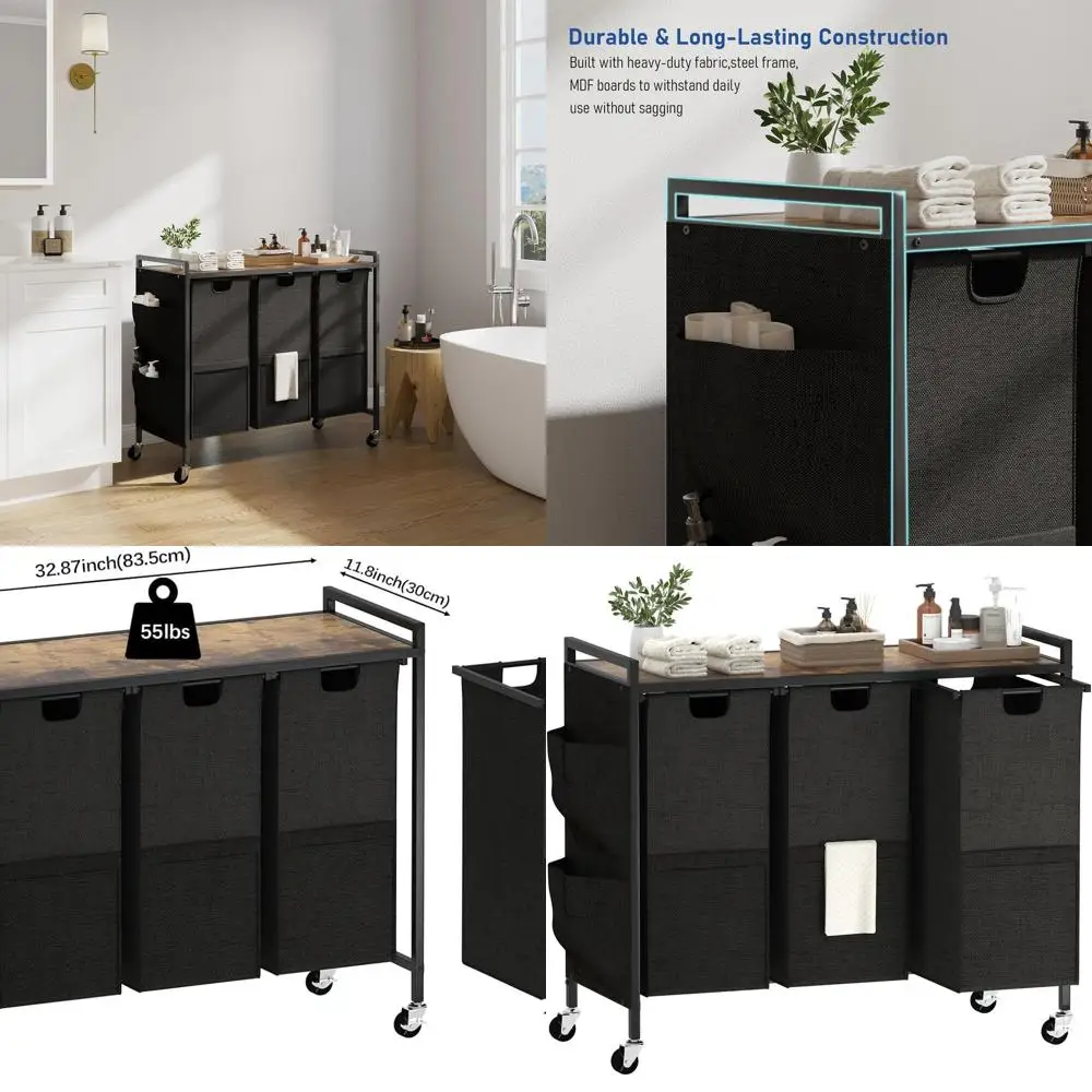 

Rustic Brown & Black Laundry Hamper with Top Shelf, 3 Removable Bags, and Side Pockets for Efficient Laundry Organization
