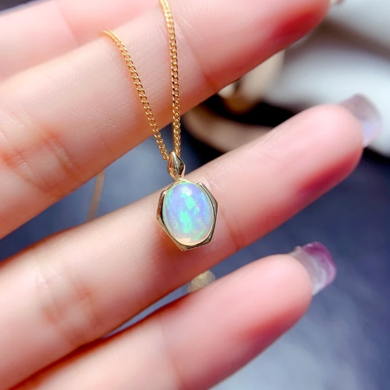 Women Pendant  Golden Color Necklace Natural Opal Necklace Real 925 Silver Jewelry Good Gift