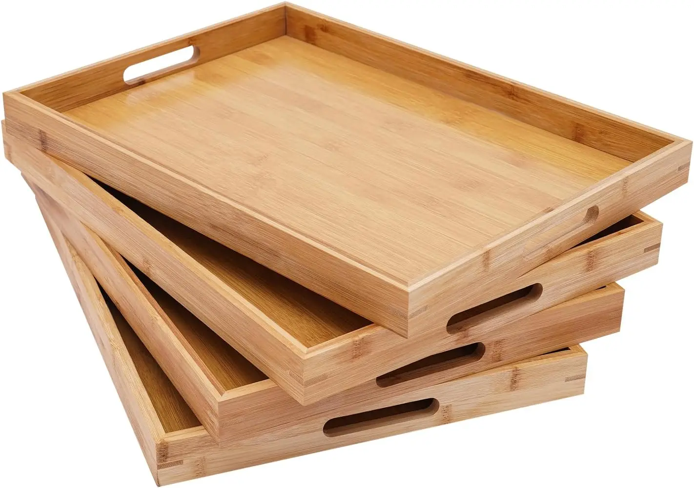 

4 шт. большой бамбуковый поднос для сервировки, прямоугольный деревянный поднос для завтрака, обеденный поднос, декоративный для колен и дивана 18 х 13 х 1,4 дюйма