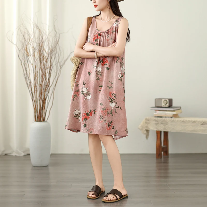 Plus size feminino verão solto strapl a linha dr algodão linho redondo ne impressão casual sle svel saia de comprimento médio