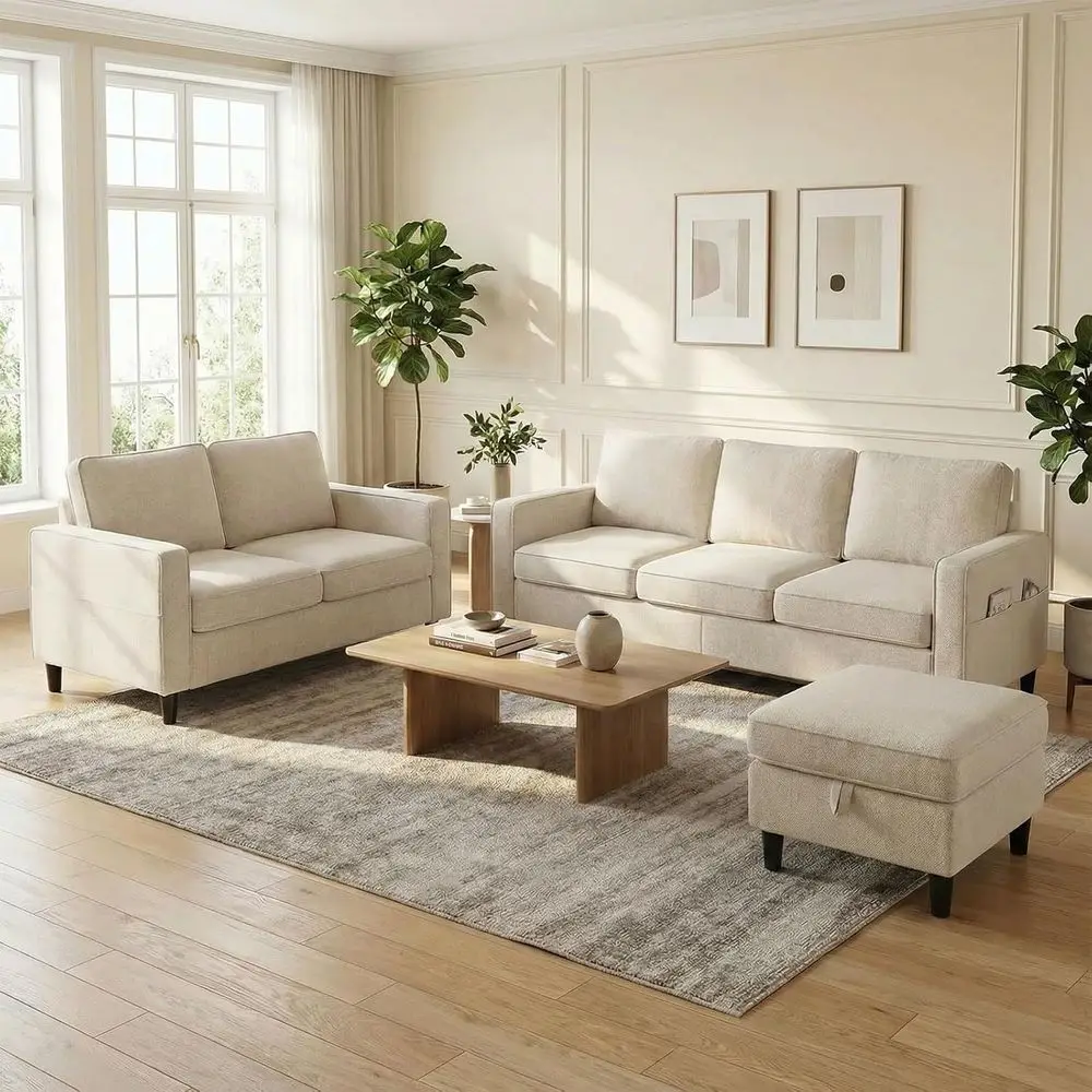 

78" W Sectional Couches or Living Room, Linen abric Soa with Storage Ottoman, 3 Seater Soa with Ottoman and Loveseat Couch urnit