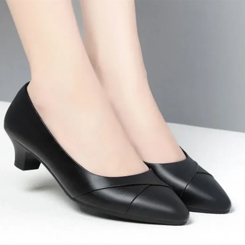 Sapatos Femininas Women Pointed Toe Light Weight Comfort Hotel Work High Heels Female Spring & Summer Black Leather Shoes A29