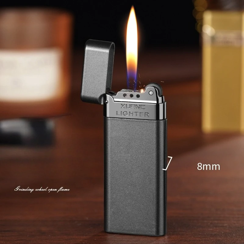 New Zinc Alloy Ultra-thin Butane Gas Lighter Classic Grinding Wheel Ignition Outdoor Windproof Portable Inflatable Lighter 8mm