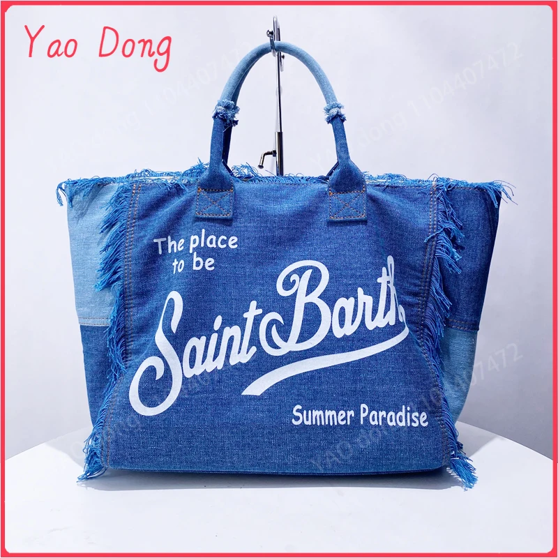 Yao Dong DENIM Blue Tote กระเป๋าผู้หญิง Luxury Designer กระเป๋าถือและกระเป๋าสตางค์ 2024 ใหม่สบายๆพู่ขนาดใหญ่ความจุ Sho