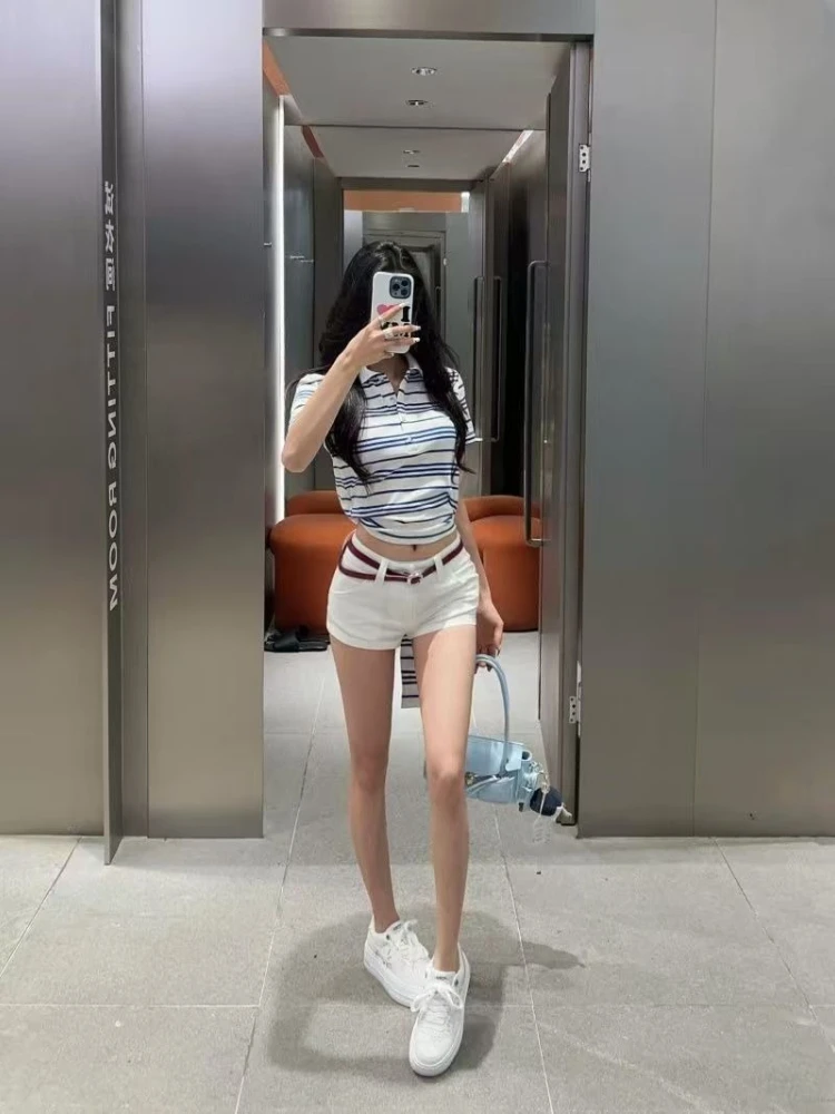 Deeptown Striped Vintage Basic Women Polo Shirts Short Sleeve American Retro Cropped T Shirts Slim Korean Preppy Gyaru Casual