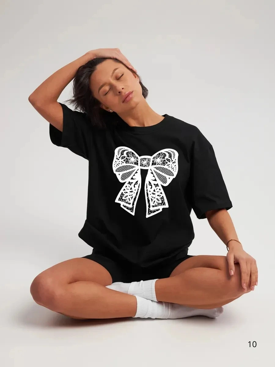 تي شيرت كاجوال فضفاض مطبوع من Faionable برقبة دائرية مع عقدة نسائية من القطن ort Sve ممتص للعرق