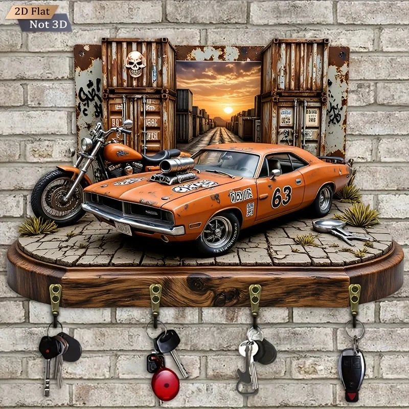 2D Flach. 1 Stück. American Muscle Car Motorradhaken – Multifunktionales dekoratives Wandregal aus Holz mit vier Metallhaken