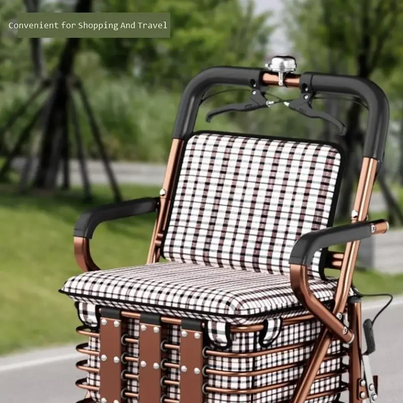 For Elderly Assisted Mobility Shopping Cart Foldable Trolley Dual Brake Anti-Slip Large Capacity Basket Convenient Grocery Cart