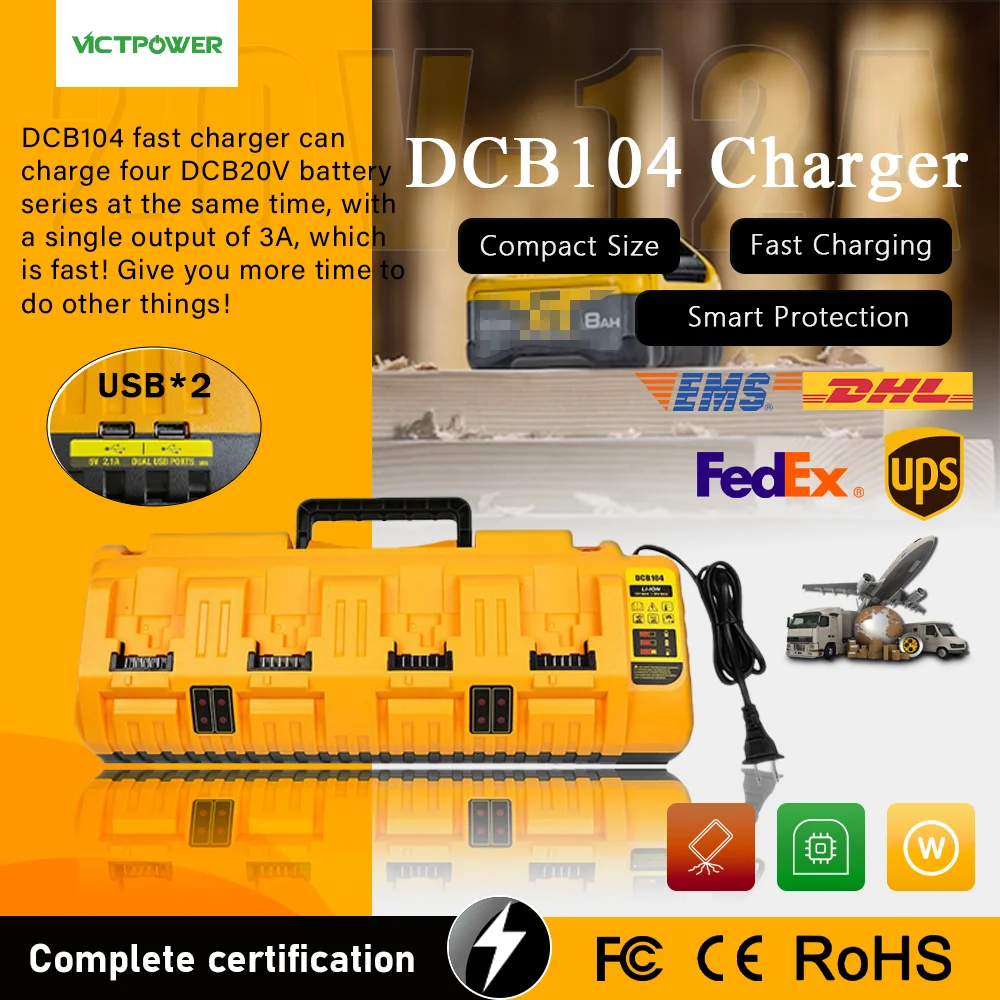 

Зарядное устройство DCB104 с 4 портами для одновременной быстрой зарядки, 12А, высокий ток, для аккумуляторов DeWalt 12В, 18В, 20В, 60В FlexVolt, совместимо с DCB105