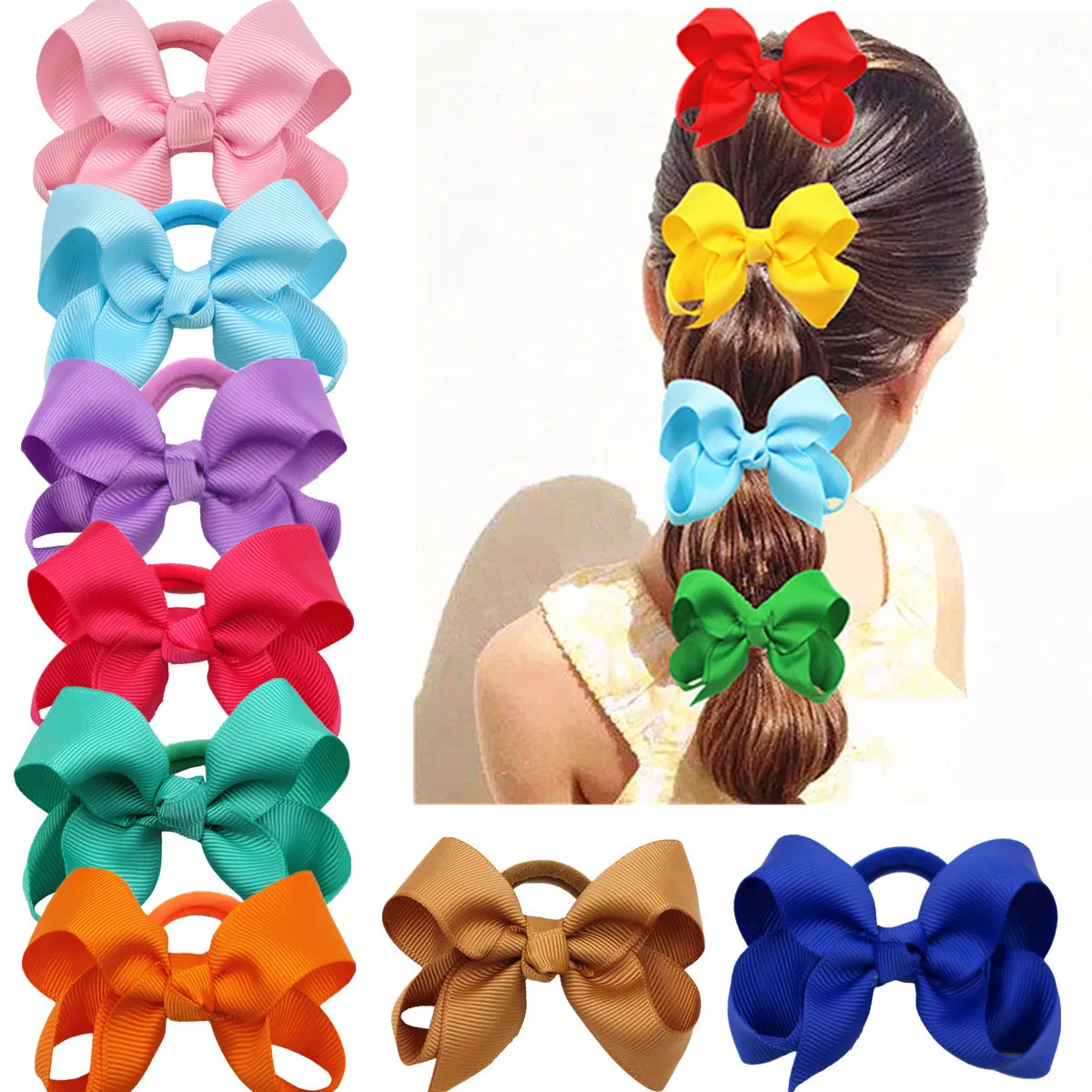 Cute Baby Girls Hair Bows Hair Ties Kids Hair Bands 3inch Bows Ponytail Holder Ties Children Kids Hair Accessories