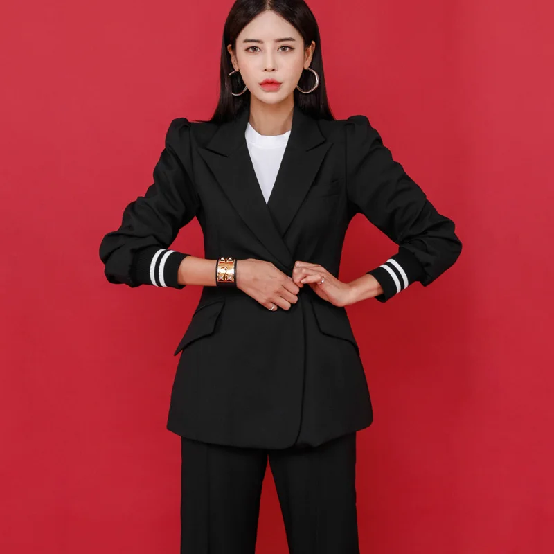 2023 New Fashion Women Pant Suits Long Sleeve Belted Blazer Long Trousers Suit Office Lady Work wear 2 Pieces set Women\'s Set