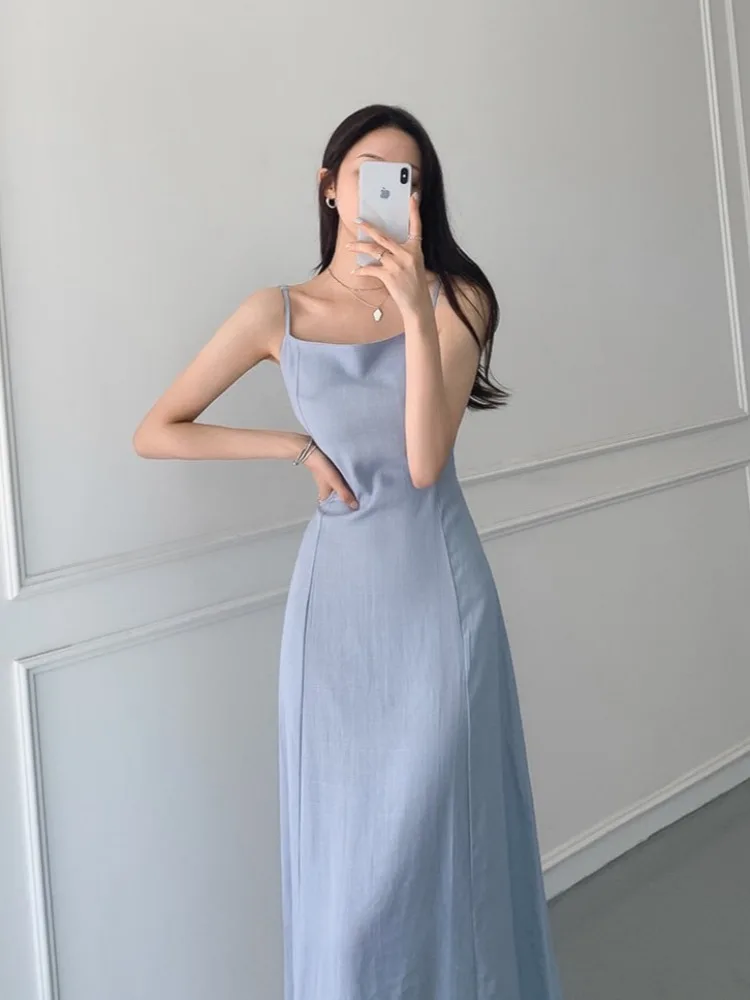 Summer Women's Cotton and Linen Slim Fit Dress Lace Up Camisole SkirtSimple Elegance Belted Waist Slimming High Waist Midi Dress