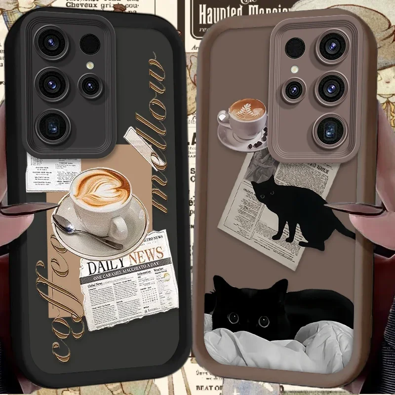 Art Tags Newspaper Coffee Cat Painting Case for Samsung Galaxy S25 S23 S24 Ultra S22 S21 Plus FE 5G A54 A34 A14 A73 A53 A33 5G