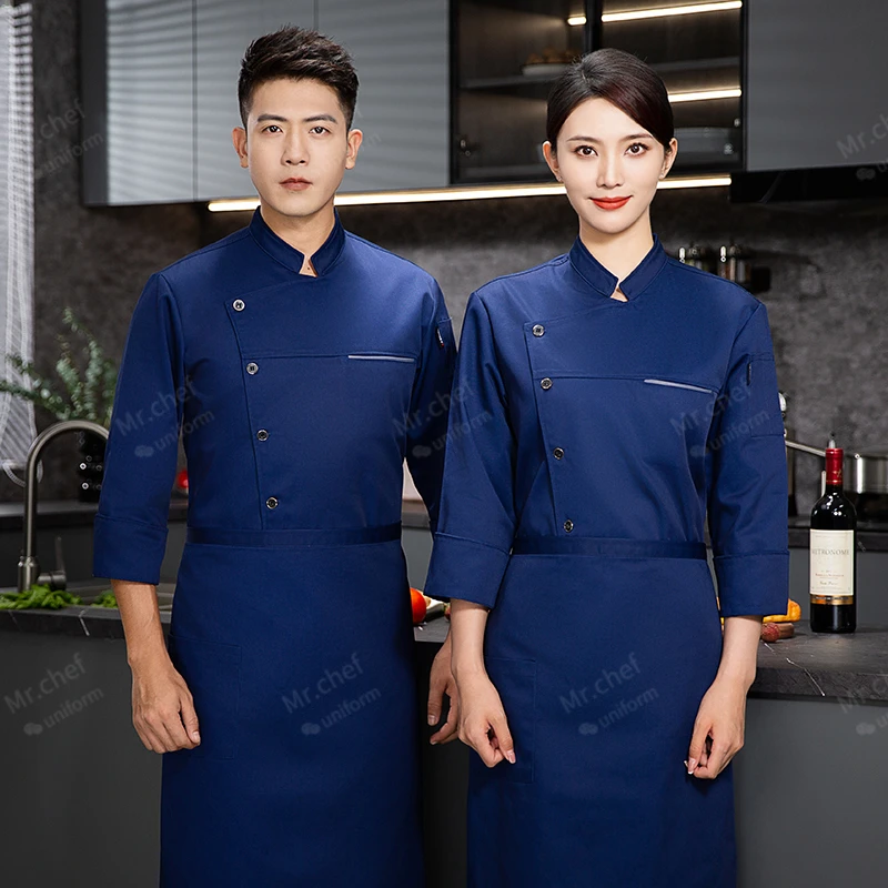 Veste de chef avec tablier pour hommes et femmes, uniforme de chef à manches longues, manteau de cuisinier de restaurant, t-shirt de chef, uniforme de travail, vêtements d'hôtel, logo