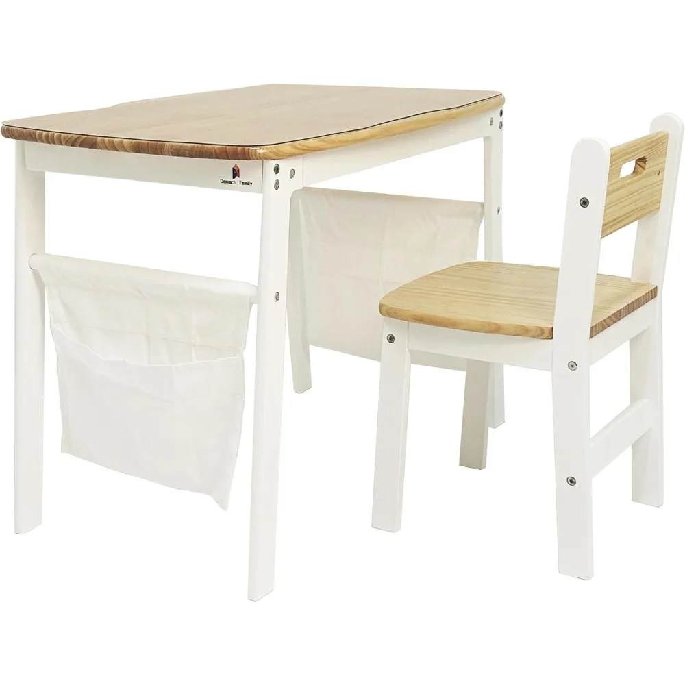 عائلة ديماتش ® طقم مكتب وكرسي للأطفال - خشب صنوبر نيوزيلندي طبيعي، طاولة دراسة على الوجهين مع واقي من مادة PVC وحقائب قماش، e #1