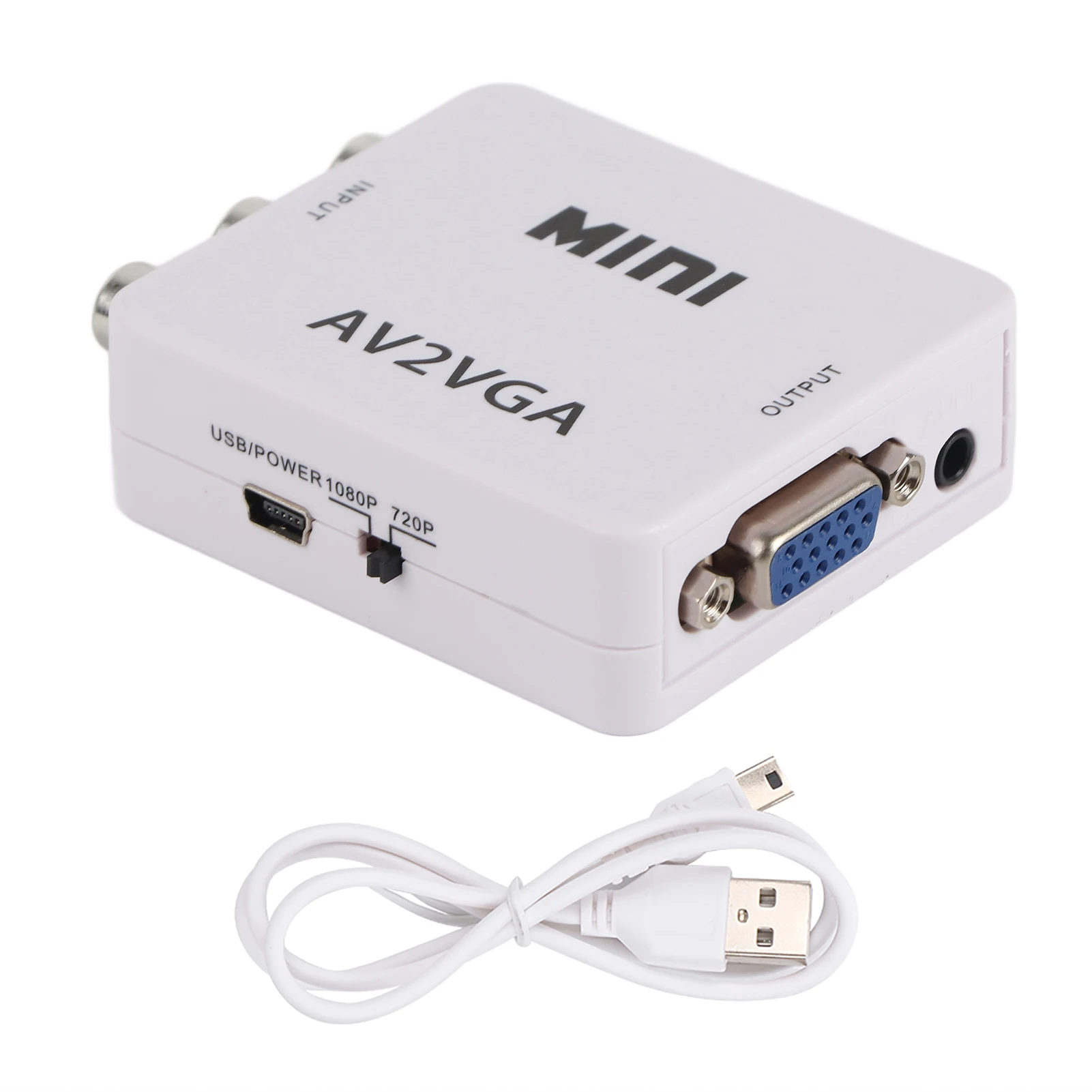 Portable 480P Mini Composite AV to VGA Adapter TV Set Top Box Audio Video Converter (White) Stable Signal Output Plug and Play