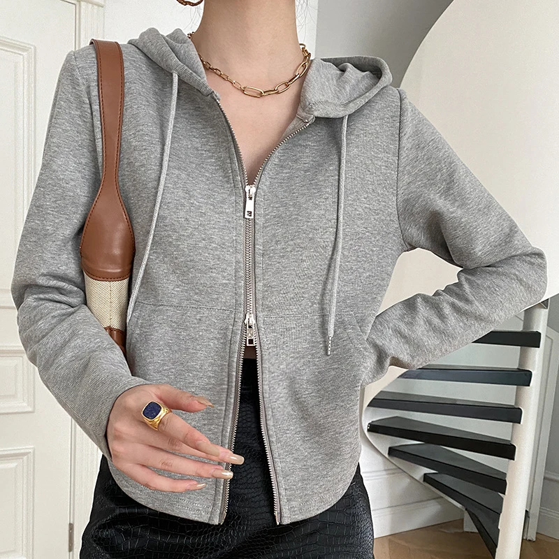 

2024 Women Spring Hoodies Long Sleeve Fashion Cotton Hooded Sweatshirt Zip Design Women Hoodies Cardigans Outwear