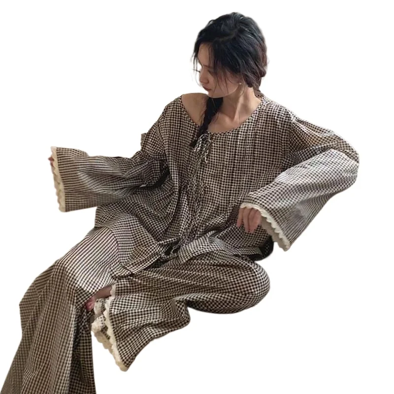 Lace Sleepwear Women Pajama Sets Autumn Korean Pants Sets 2 Pieces Plaid Piiama Night Wears Long Sleeve Casual Ruffles Home Suit