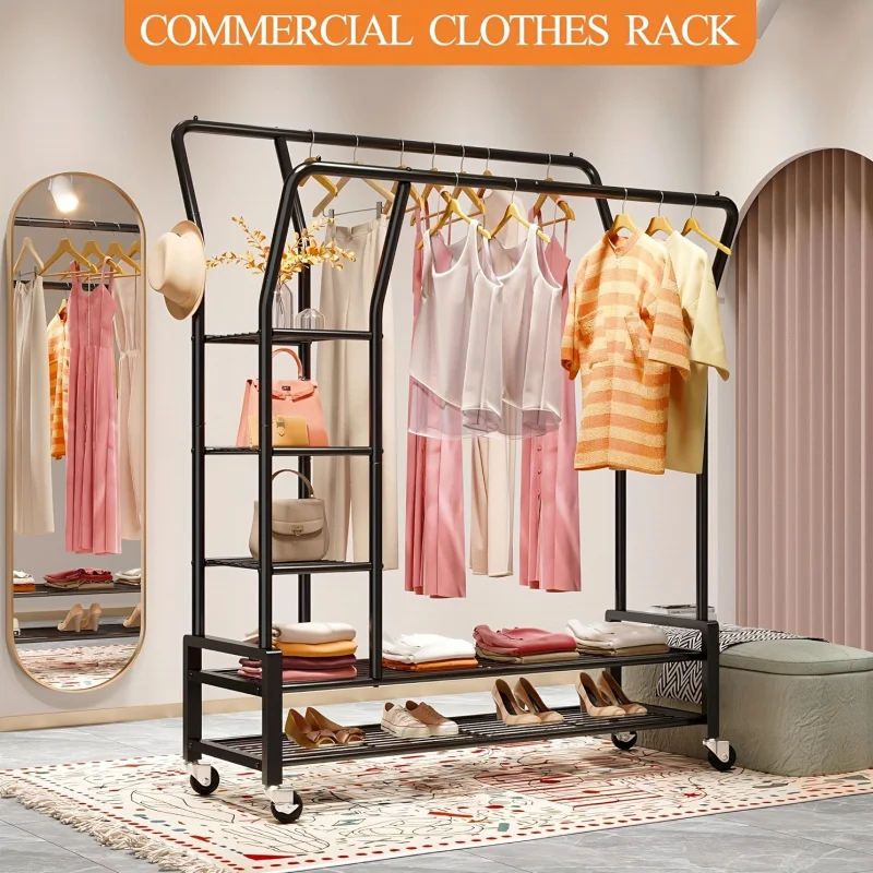 Metal Hanger，Double Rod with Wheels for Easy Hang Clothes，Rolling Wardrobe Rack Laundry Storage