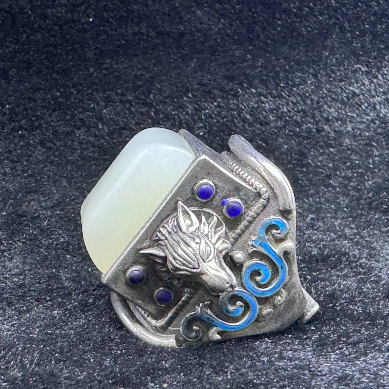 New Vintage‑Style Collectible Gemstone Inlaid Ring, Silver‑Tone Metal, Fine Workmanship Nice‑Condition Fashion Finger Ornament