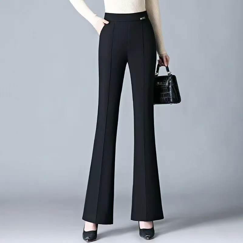 Women's Grey High Waist Flare Pants Casual Slim Fit Office Trousers With Decorative Waistband