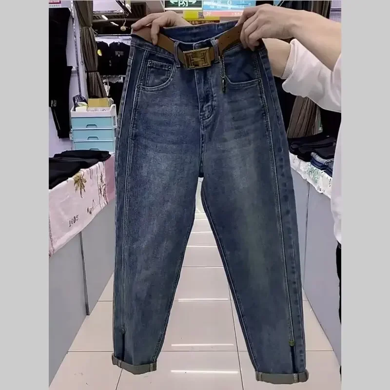 المألوف عالية الخصر مطاطا الدينيم الجينز المرأة فضفاضة نمط الرجعية رصاصة صغيرة سليم هارلان السراويل منتصف الخصر سستة الديكور