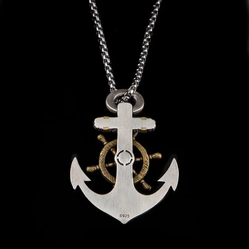 Retro Norse Mythology Pirate Ship Helm Anchor Pendant Necklace Men\'s Fashion Personality Rock Punk Jewelry