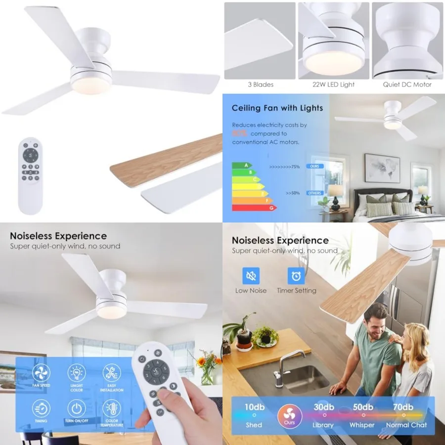 

46" Low Profile Ceiling Fan with Light and Remote, Modern Flush Mount Ceiling Fans for Bedroom, Living Room, 6 Speeds, Dimmable