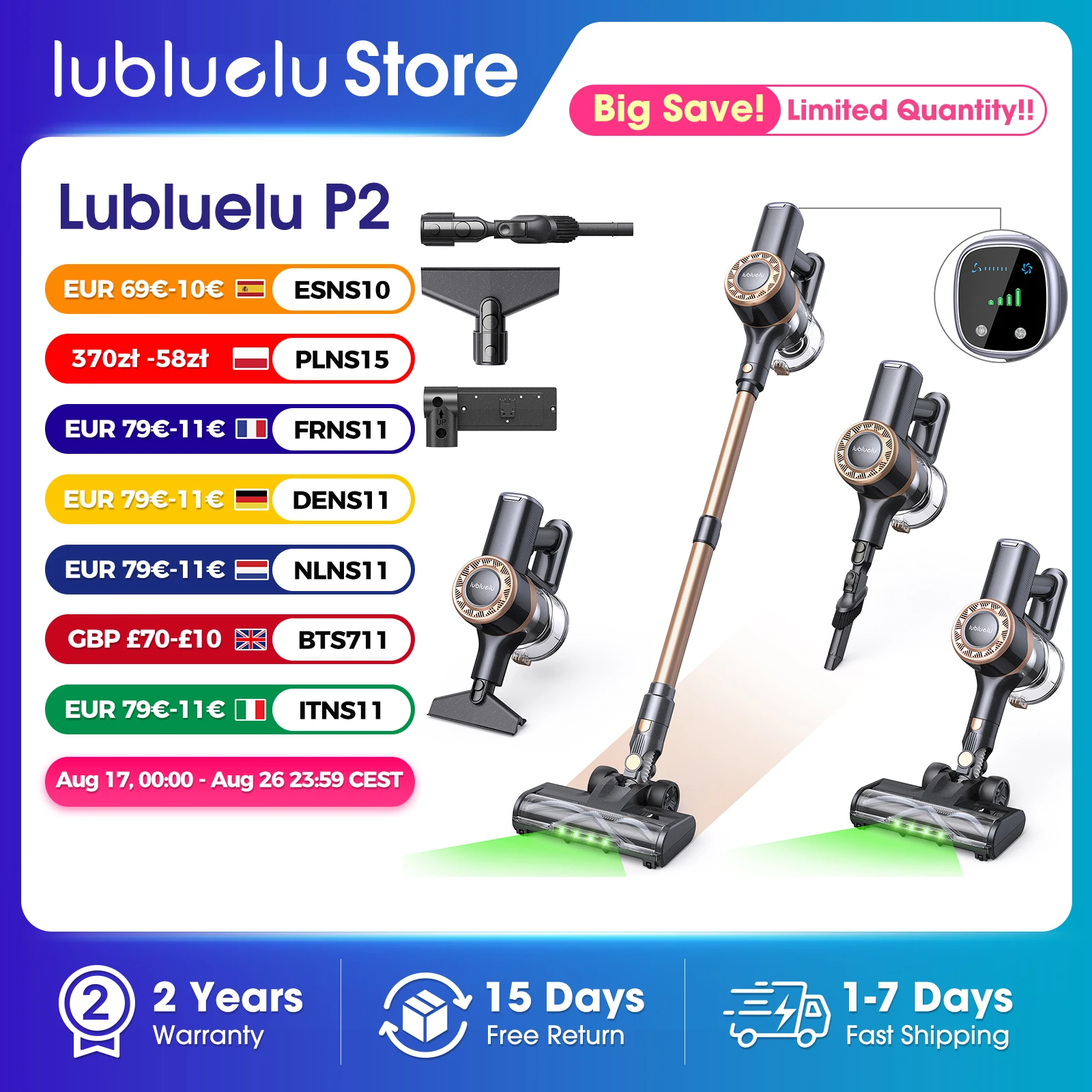 Lubluelu P2 280W 30000PA Ultra-Starker Kabelloser Staubsauger, 40 Min. Lange Laufzeit, Abnehmbarer Akku & Smart-Display