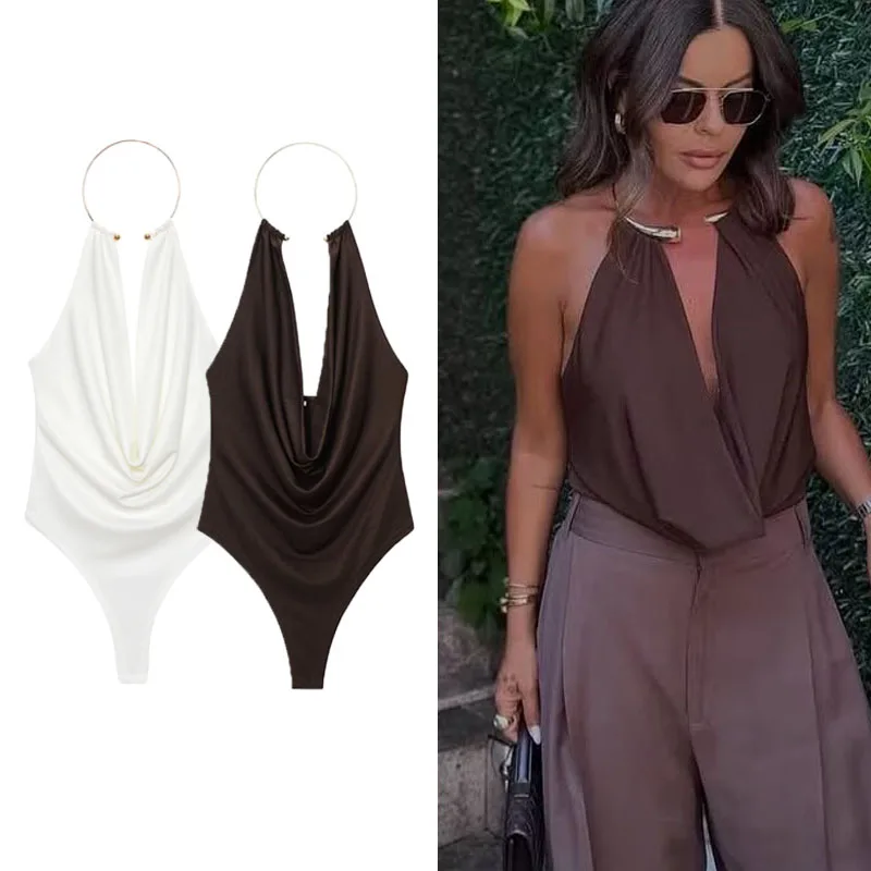 

Ruffled Halter Bodysuit Women One Pieces Summer Off Shoulder Sleeveless Sexy Bodysuit White Brown Thong Female Short Jumpsuit