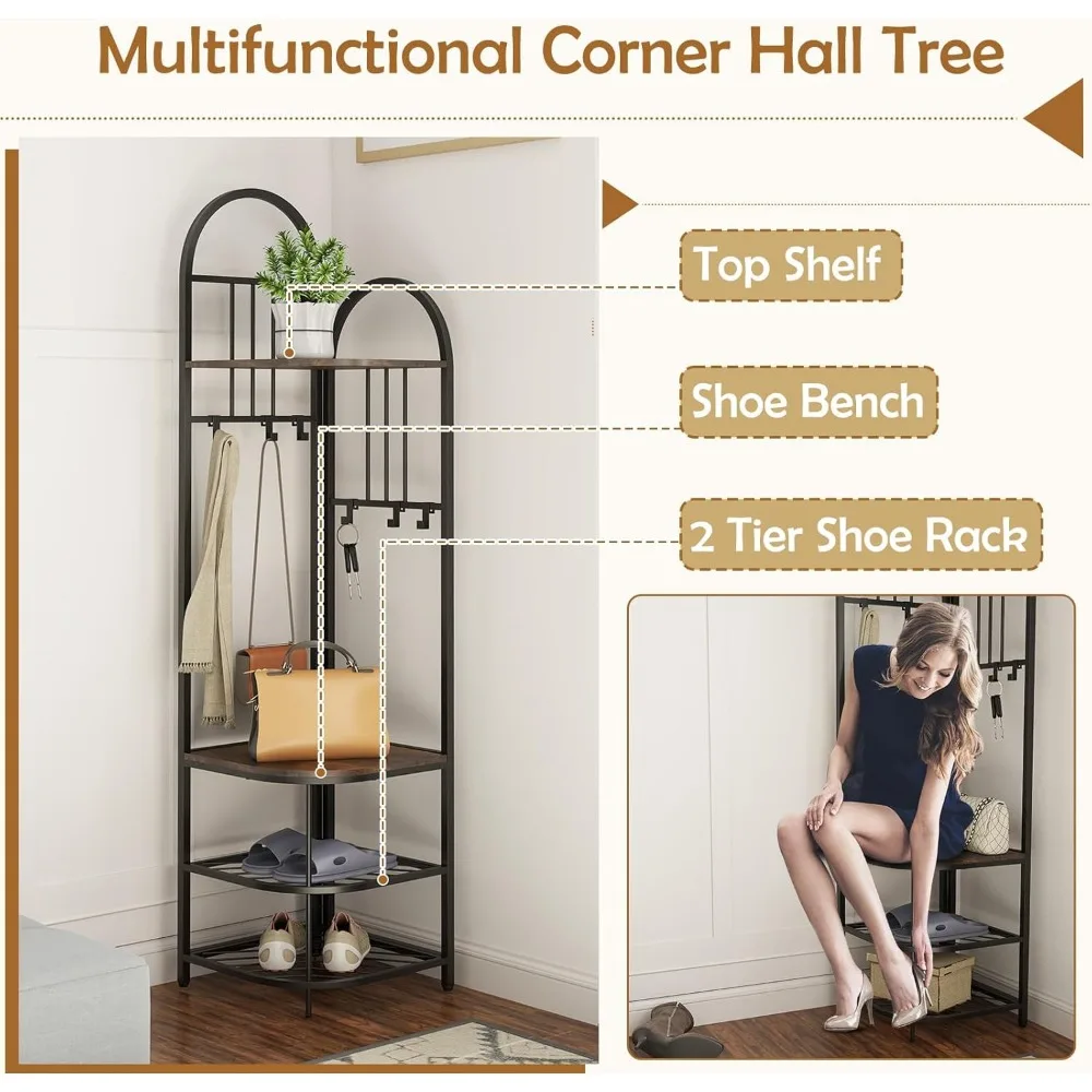 شجرة قاعة الزاوية مع مقعد تخزين الأحذية، 71 رف معطف، 6 خطافات، منظم رف الأحذية من 4 طبقات، أثاث المدخل