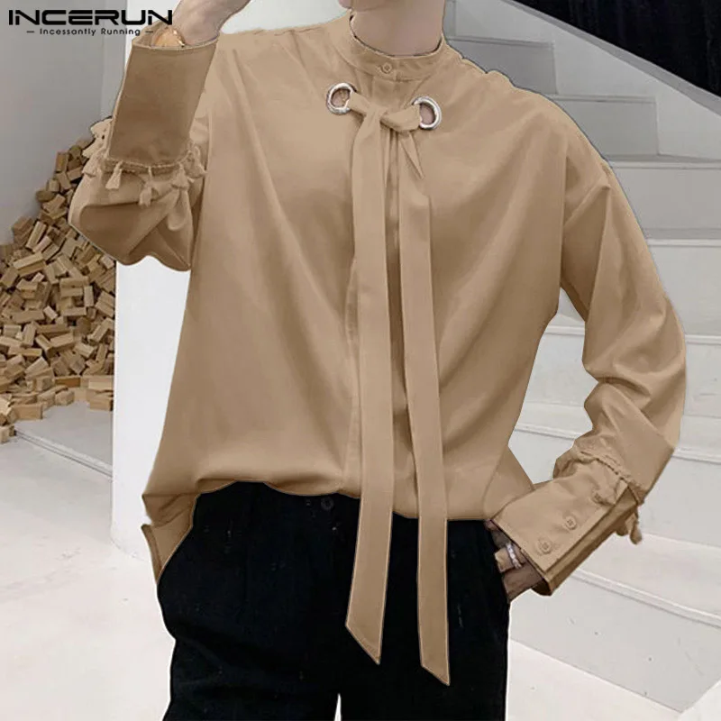 INCERUN Handsome Men's Tops Cuff Tie Design Shirts Casual Streetwear Male Solid Color Comfortable Long Sleeved Blouse S-5XL 2025