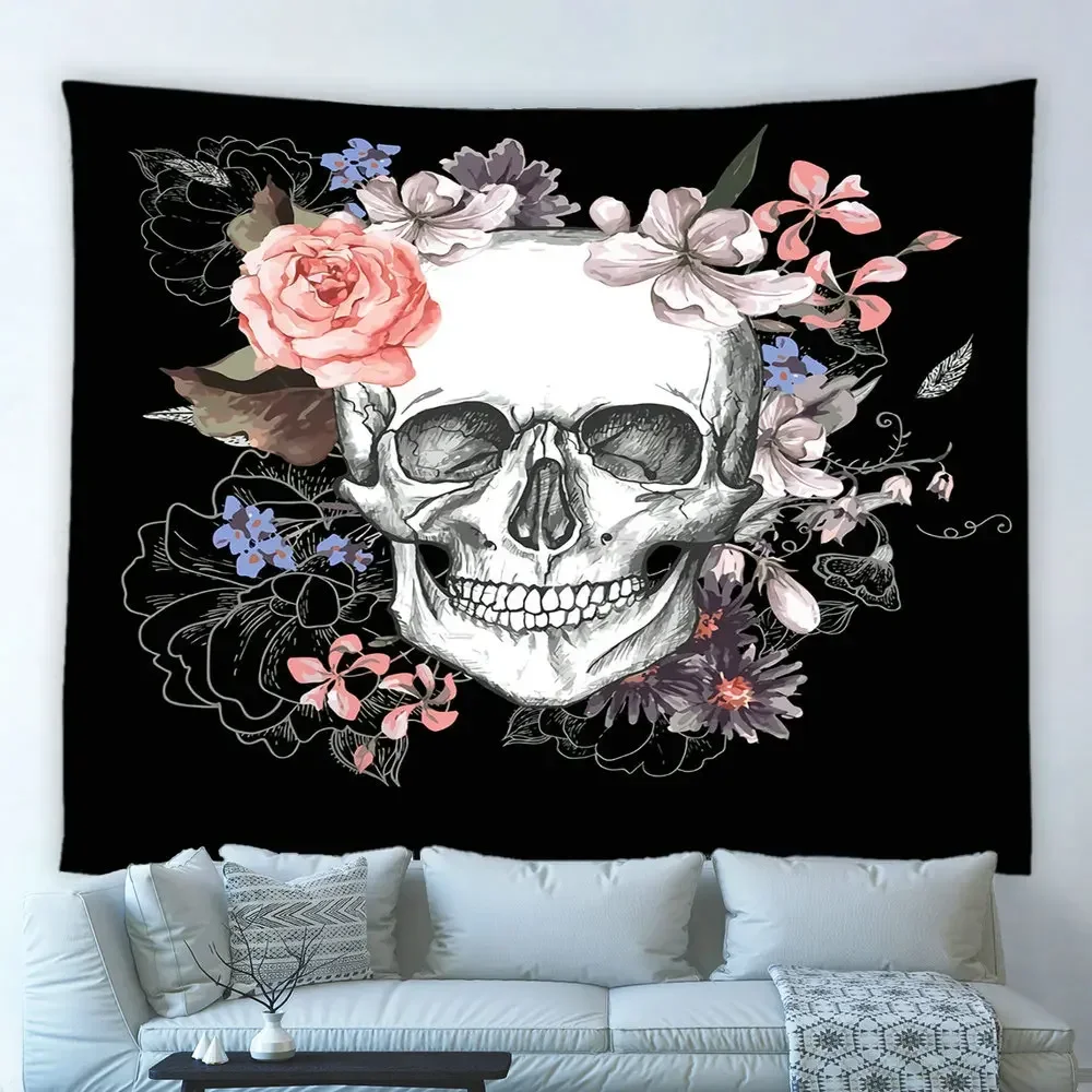 Sugar Skull Floral Tapestry Rose Plant Leafs Skeleton Halloween Black Background Art Wall Hanging Living Room Bedroom Home Decor