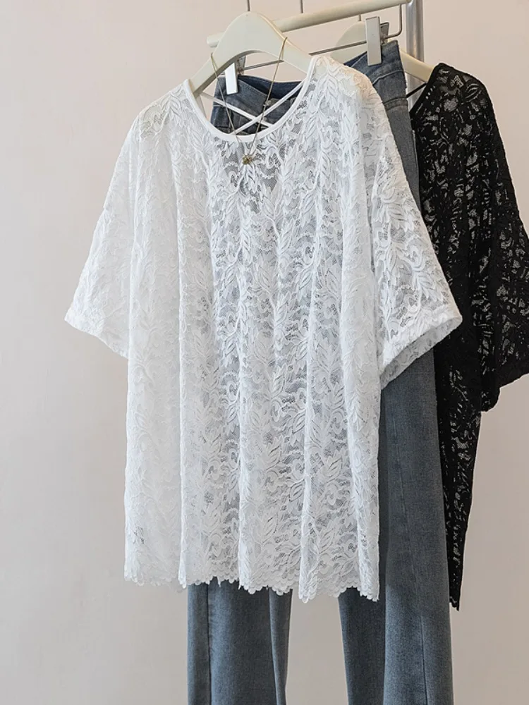 

Ele White Lace irt Женский летний плюс размер Ba Hollow ort Sve Cover Belly Top Корейский свободный крой круглый Ne