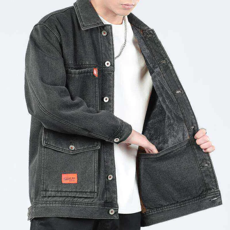American Style Men's Fleece Lined Loose Denim Jacket Multi Pockets Large Size Autumn Winter High End Wear Resistant Coat