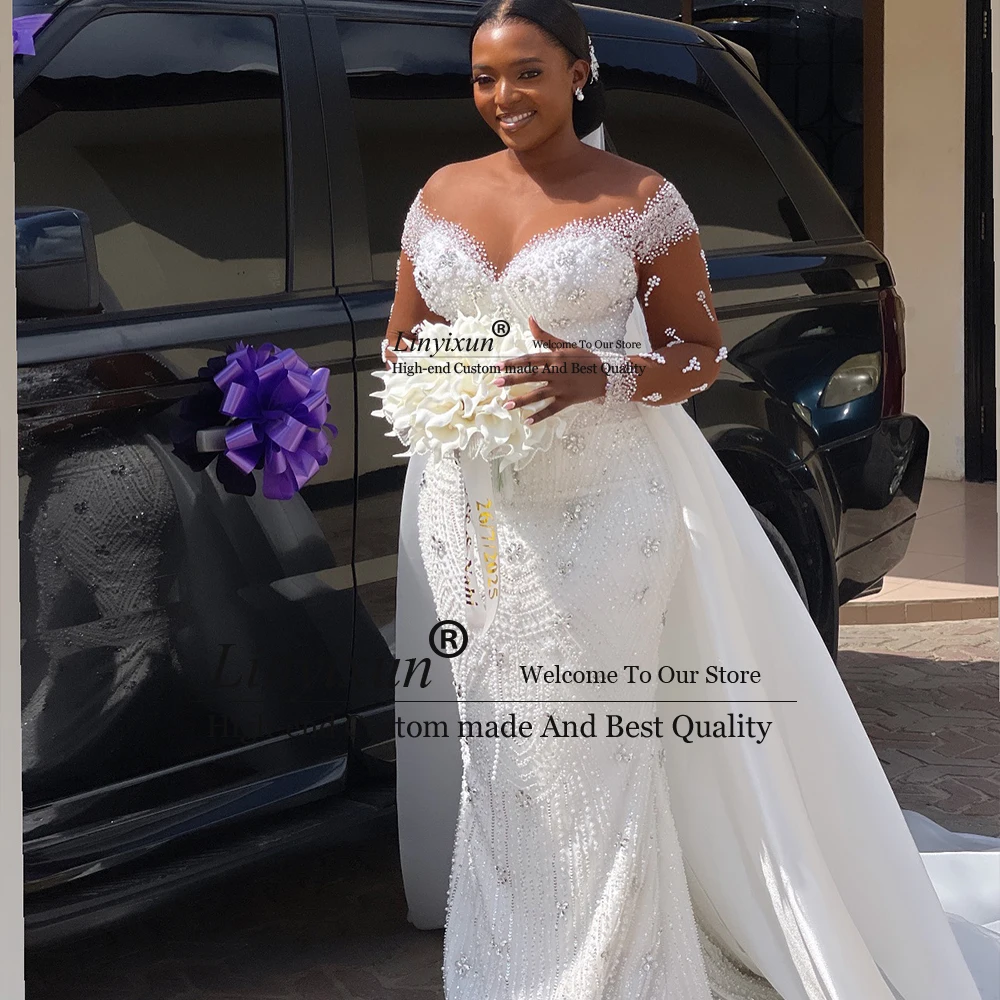 

Luxury Beading Crystal Wedding Dresses Off Shoulder Mermaid Detachable Train Bridal Gowns Customized Pearls فساتين زفا