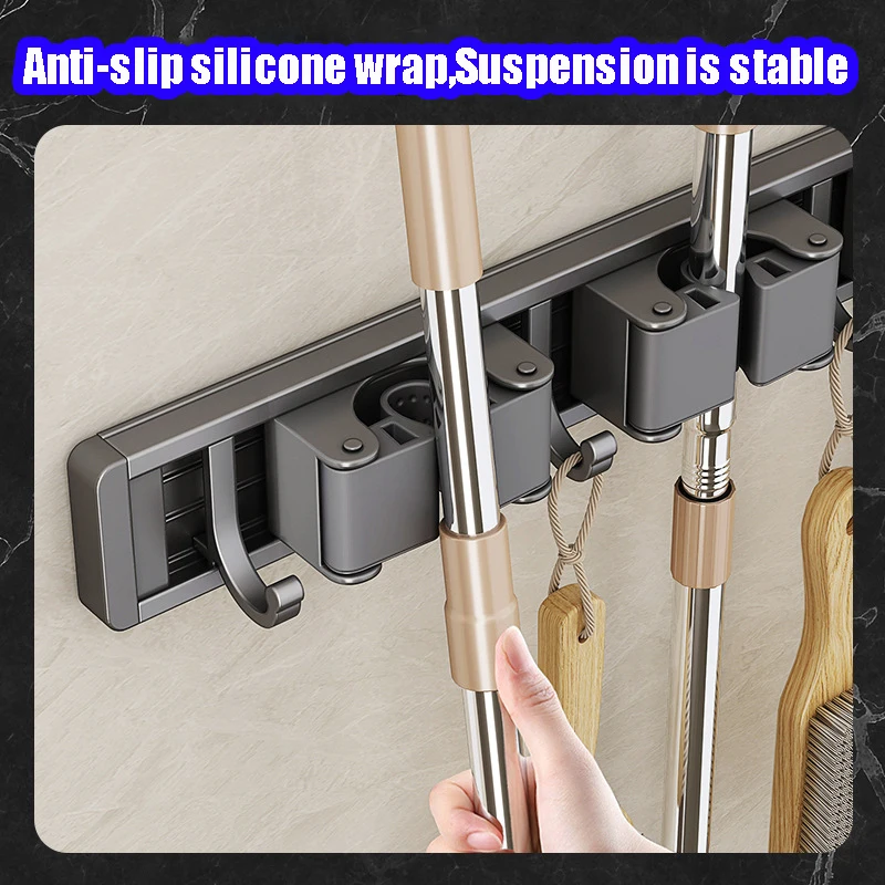 No punching aluminum alloy mop rack bathroom wall broom hanger wall-mounted mop clip hook buckle