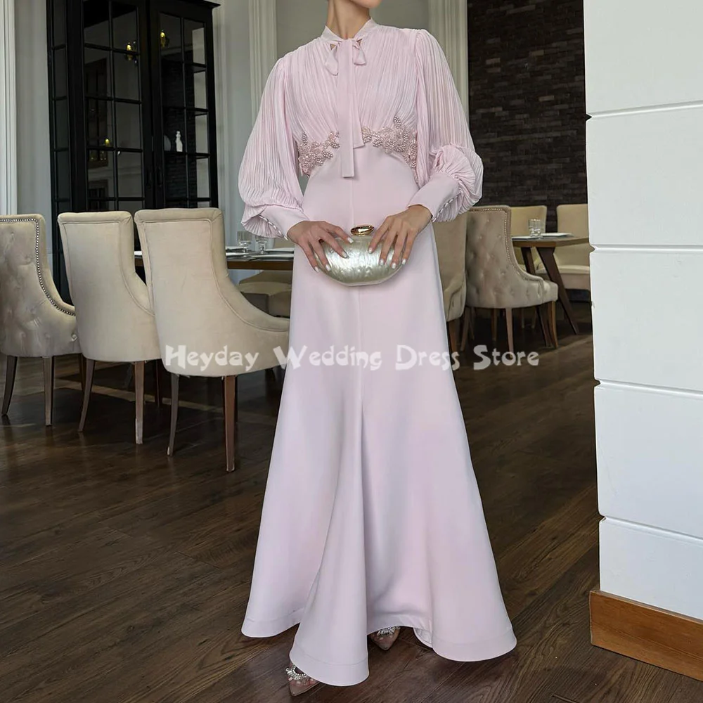 

Heyday Women's V Neck Pleats Beaded Applique Straight Saudi Evening Dresses With Long Sleeves Formal Elegant Party Dresses 2025